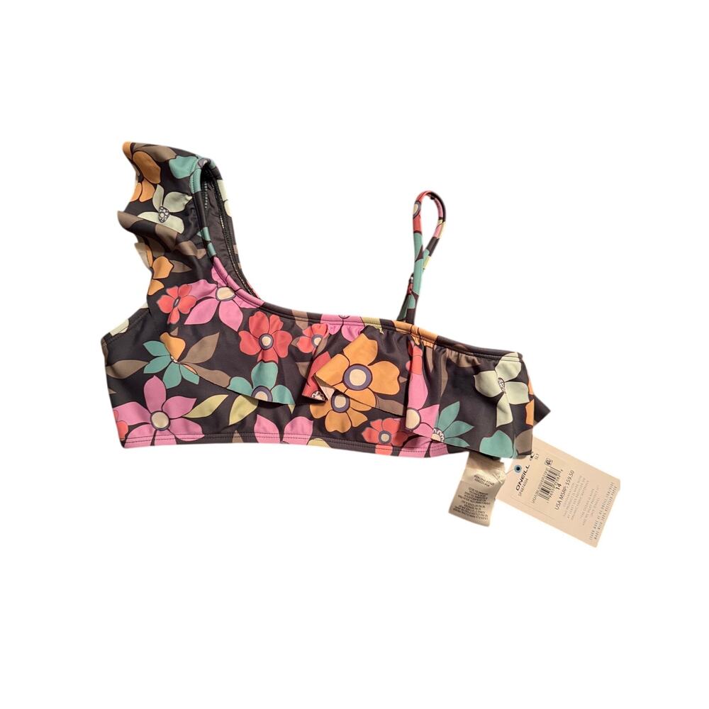 O’Neill One Shoulder Brown Floral Bikini Top Girls  Size 14 Ruffle Swim NWT